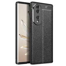 Litchi Skin PU Leather Coated TPU Mobile Phone Case priekš Honor Magic4 Pro - Melns - ādas imitācijas triecienizturīgs silikona aizmugures apvalks (maciņš, bampers, vāciņš, slim cover, bumper, back case)