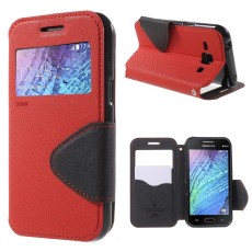 RoarKorea Fancy Diary View Samsung Galaxy J1 J100 Wake/Sleep - Sarkans - sāniski atverams maciņš ar stendu un lodziņu (ādas maks, grāmatiņa, leather book wallet case cover stand)