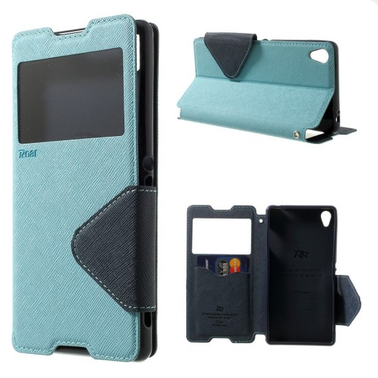 RoarKorea Fancy Diary View Sony Xperia Z3 Plus E6553 / Z4 Wake/Sleep - Gaiši Zils - sāniski atverams maciņš ar stendu un lodziņu (ādas maks, grāmatiņa, leather book wallet case cover stand)