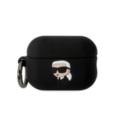Karl Lagerfeld KLAP2RUNIKK Silicone Karl Head Case priekš Apple Airpods Pro 2 - Melns - silikona apvalks bezvadu austiņu lādēšanas ierīcei ar karabīni
