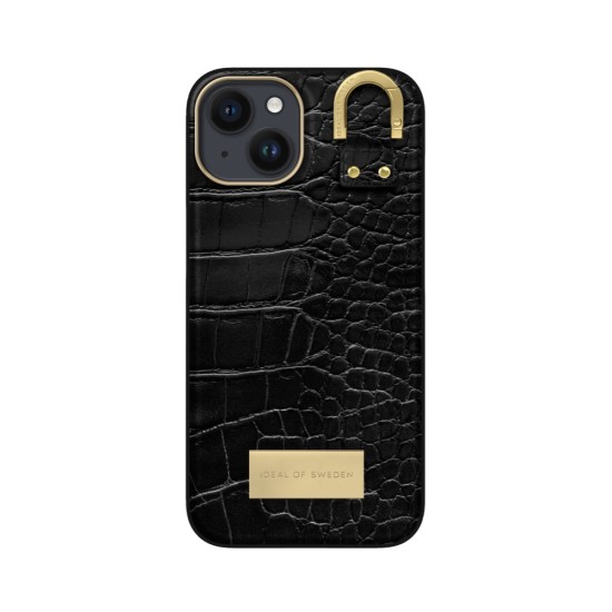 iDeal of Sweden Atelier SS22 Back Case priekš Apple iPhone 14 - Black Croco - mākslīgās ādas aizmugures apvalks ar iebūvētu metālisku plāksni / bampers-vāciņš