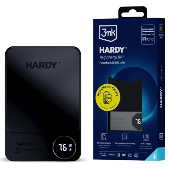 3MK Hardy MagSynergy Ni+ 10000mAh Power Bank USB-Type-C 5V/3A PD 15W / Lightning Ligzda - Melns - Universāla ārējas uzlādes batereja lādētājs-akumulators