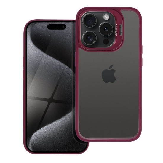 Bracket Back Case with Stand and Camera Lens protection priekš Apple iPhone 15 Pro - Violets - silikona-plastikāta aizmugures apvalks ar statīvu / bampers-vāciņš