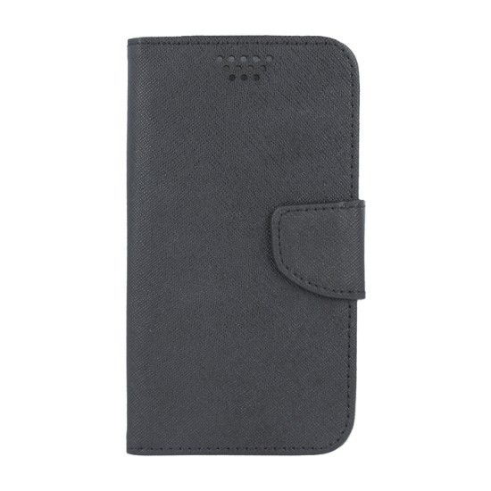 GreenGo Universal Silicon Smart Fancy priekš telefoniem ar ekrānu izmēru 4.5 inch (70 x 130 mm) - Melns - universāls sāniski atverams maciņš ar stendu (ādas maks, grāmatiņa, leather book wallet case cover stand)