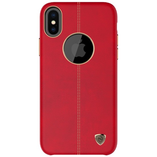NILLKIN Englon Textured Leather Skin Hard Back Case priekš Apple iPhone X - Sarkans - ādas aizmugures apvalks (bampers, vāciņš, leather cover, bumper)