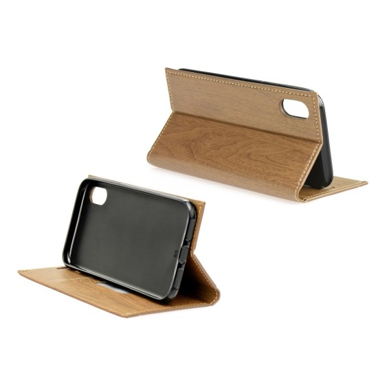Forcell Wood Book Case priekš Apple iPhone X / XS - Brūns - sāniski atverams maciņš ar stendu (ādas maks, grāmatiņa, leather book wallet case cover stand)