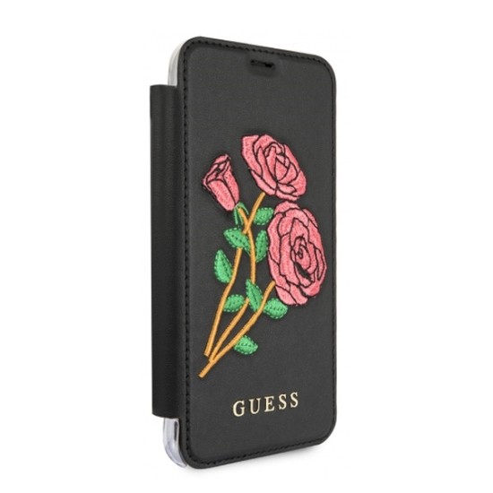 Guess Flower Desire series GUFLBKPXEROBK priekš Apple iPhone X / XS - Melns - sāniski atverams maciņš (ādas maks, grāmatiņa, leather book wallet case cover)