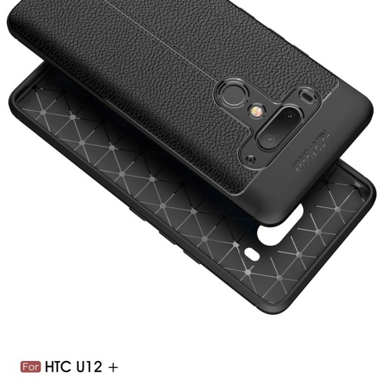 Litchi Skin PU Leather Coated TPU Mobile Phone Case priekš HTC U12 Plus - Melns - ādas imitācijas triecienizturīgs silikona aizmugures apvalks (maciņš, bampers, vāciņš, slim cover, bumper, back case)