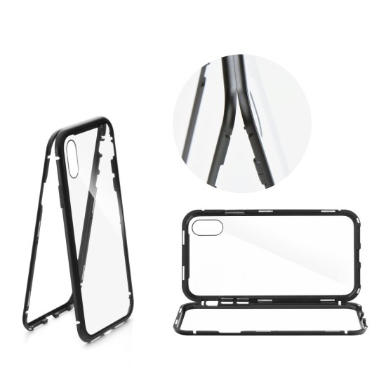 Magneto Aluminium Case with Back Tempered Glass and Silicone priekš Apple iPhone 6 Plus / 6S Plus - Melns - alumīnija bampers ar aizmugures aizsargstiklu (vāciņš, TPU apvalks cover, bumper shell)