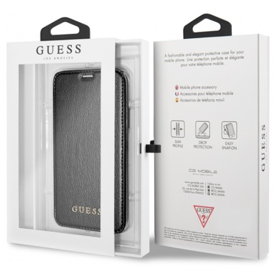 Guess Iridescent series GUFLBKI61IGLTBK priekš Apple iPhone XR - Melns - sāniski atverams maciņš (ādas maks, grāmatiņa, leather book wallet case cover stand)