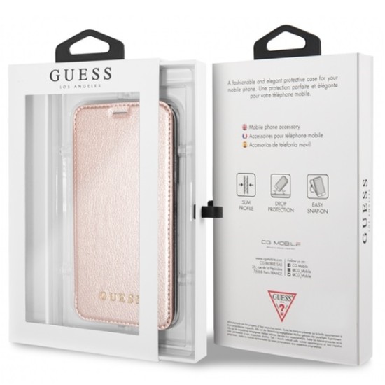 Guess Iridescent series GUFLBKI65IGLTRG priekš Apple iPhone XS Max - Rozā Zelts - sāniski atverams maciņš (ādas maks, grāmatiņa, leather book wallet case cover stand)