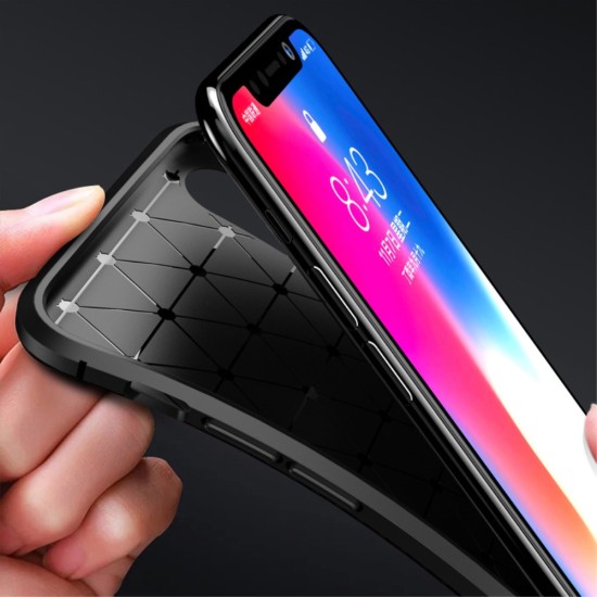 IPAKY Carbon Fiber Texture Soft TPU Heat Dissipation Back Airbag Case priekš Apple iPhone XS Max - Melns - Triecienizturīgs silikona aizmugures apvalks (bampers, vāciņš, slim TPU silicone case shell cover, bumper)