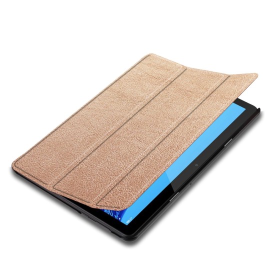 Tri-fold Stand PU Smart Auto Wake/Sleep Leather Case priekš Huawei MediaPad T5 10.1 - Rozā Zelts - sāniski atverams maciņš ar stendu