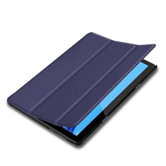 Tri-fold Stand PU Smart Auto Wake/Sleep Leather Case priekš Huawei MediaPad T5 10.1 - Tumši Zils - sāniski atverams maciņš ar stendu