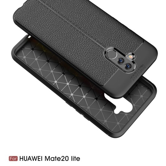 Litchi Skin PU Leather Coated TPU Mobile Phone Case for Huawei Mate 20 Lite - Melns - ādas imitācijas triecienizturīgs silikona aizmugures apvalks (maciņš, bampers, vāciņš, slim cover, bumper, back case)