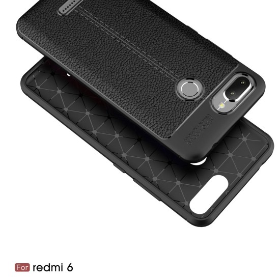 Litchi Skin PU Leather Coated TPU Mobile Phone Case for Xiaomi Redmi 6 - Melns - ādas imitācijas triecienizturīgs silikona aizmugures apvalks (maciņš, bampers, vāciņš, slim cover, bumper, back case)