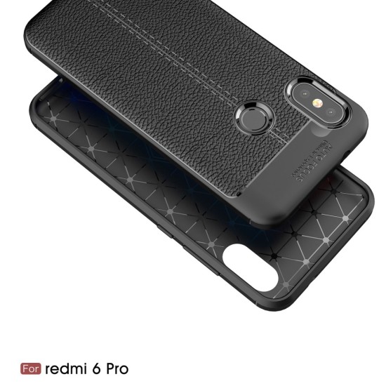 Litchi Skin PU Leather Coated TPU Mobile Phone Case for Xiaomi Mi A2 Lite / Redmi 6 Pro - Melns - ādas imitācijas triecienizturīgs silikona aizmugures apvalks (maciņš, bampers, vāciņš, slim cover, bumper, back case)