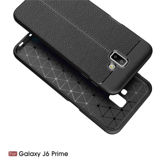 Litchi Skin PU Leather Coated TPU Mobile Phone Case for Samsung Galaxy J6 Plus (2018) J610 - Melns - ādas imitācijas triecienizturīgs silikona aizmugures apvalks (maciņš, bampers, vāciņš, slim cover, bumper, back case)