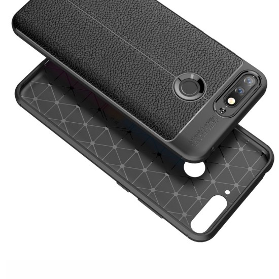 Litchi Skin PU Leather Coated TPU Mobile Phone Case priekš Huawei Honor 7A / Y6 Prime (2018) - Melns - ādas imitācijas triecienizturīgs silikona aizmugures apvalks (maciņš, bampers, vāciņš, slim cover, bumper, back case)