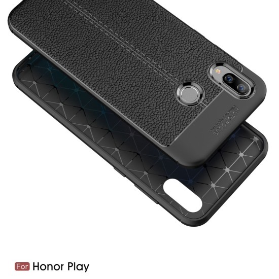 Litchi Skin PU Leather Coated TPU Mobile Phone Case priekš Huawei Honor Play - Melns - ādas imitācijas triecienizturīgs silikona aizmugures apvalks (maciņš, bampers, vāciņš, slim cover, bumper, back case)