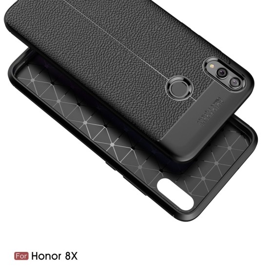 Litchi Skin PU Leather Coated TPU Mobile Phone Case priekš Huawei Honor 8X - Melns - ādas imitācijas triecienizturīgs silikona aizmugures apvalks (maciņš, bampers, vāciņš, slim cover, bumper, back case)
