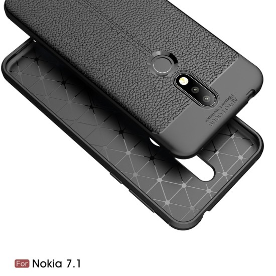 Litchi Skin PU Leather Coated TPU Mobile Phone Case priekš Nokia 7.1 (2018) - Melns - ādas imitācijas triecienizturīgs silikona aizmugures apvalks (maciņš, bampers, vāciņš, slim cover, bumper, back case)