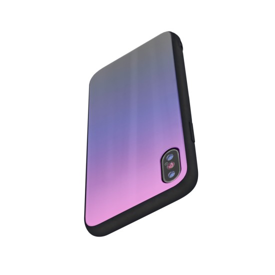 Aurora Glass Back Case priekš Samsung Galaxy S9 G960 - Rozā / Melns - silikona un stikla aizmugures apvalks (bampers, vāciņš, TPU back cover, bumper shell)