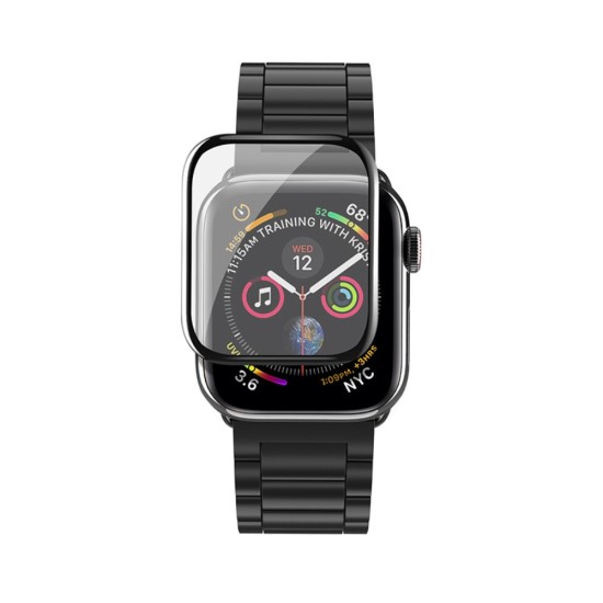 Hoco 5D Silk Printing Full Glue Tempered Glass protector priekš Apple Watch Series 4 / 5 / 6 (44mm) - Melns - Ekrāna Aizsargstikls / Bruņota Stikla Aizsargplēve (Full screen size curved)