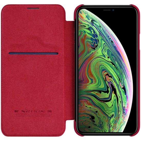NILLKIN Qin Series Card Holder Leather Flip Case priekš Apple iPhone 11 Pro Max - Sarkans - sāniski atverams maciņš (ādas maks, grāmatiņa, leather book wallet case cover)
