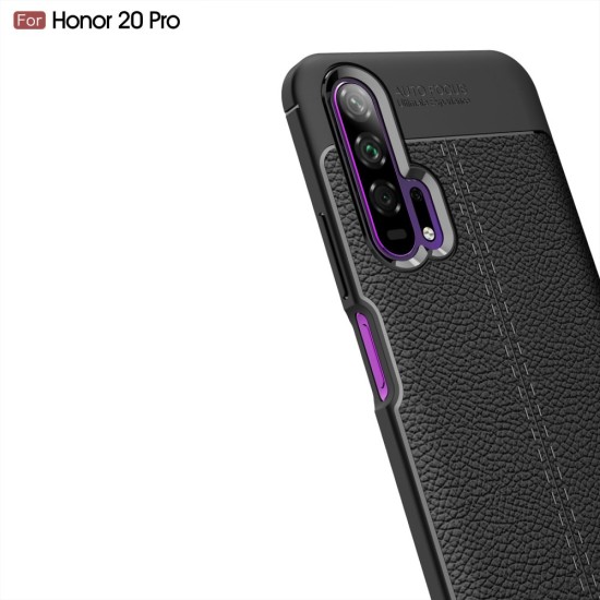 Litchi Skin PU Leather Coated TPU Mobile Phone Case priekš Huawei Honor 20 Pro - Melns - ādas imitācijas triecienizturīgs silikona aizmugures apvalks (maciņš, bampers, vāciņš, slim cover, bumper, back case)