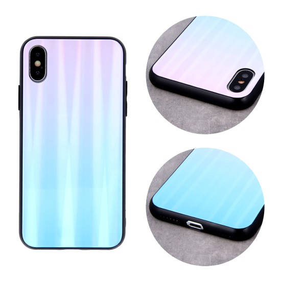 Aurora Glass Back Case priekš Huawei P Smart Pro (2019) - Zils / Rozā - silikona un stikla aizmugures apvalks (bampers, vāciņš, TPU back cover, bumper shell)