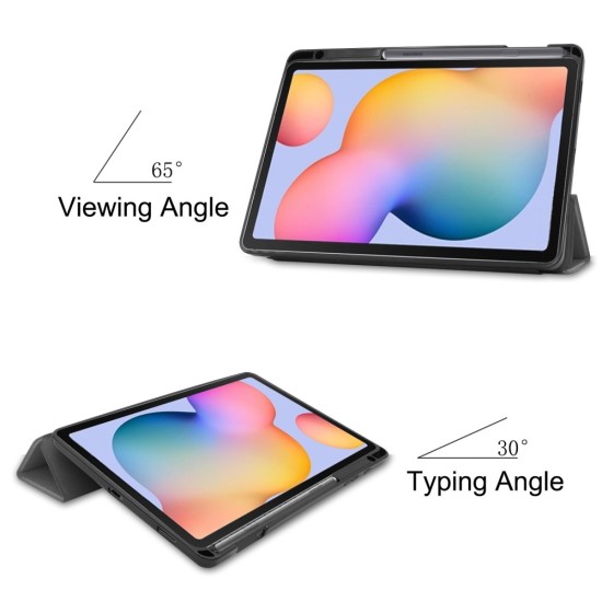 Tri-fold Stand PU Smart Auto Wake/Sleep Leather Case priekš Samsung Galaxy Tab S6 Lite P610 / P613 / P615 / P619 - Pelēks - sāniski atverams maciņš ar stendu