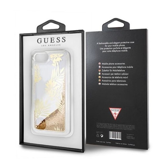 Guess Palm Springs Glitter Liquid series GUHCP7GLUPRG priekš Apple iPhone 6 / 6S / 7 / 8 / SE2 (2020) / SE3 (2022) - Zelts - silikona / plastikāta aizmugures apvalks / bampers-vāciņš
