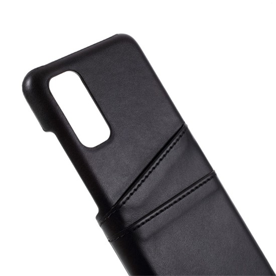 Double Card Slots PU Leather Coated PC Back Case priekš Samsung Galaxy S20 G980 - Melns - mākslīgās ādas aizmugures maciņš ar divām kabatiņām priekš kartēm