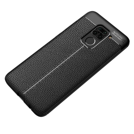 Litchi Skin PU Leather Coated TPU Mobile Phone Case priekš Xiaomi Redmi Note 9 - Melns - ādas imitācijas triecienizturīgs silikona aizmugures apvalks (maciņš, bampers, vāciņš, slim cover, bumper, back case)