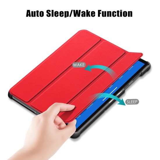 Tri-fold Stand PU Smart Auto Wake/Sleep Leather Case priekš Lenovo Tab M10 Plus FHD X606 - Sarkans - sāniski atverams maciņš ar stendu