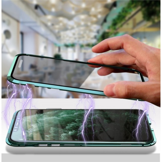 Magnetic Full Glass Back Case priekš Samsung Galaxy Note 20 N980 - Sarkans - alumīnija bampers ar priekšējo un aizmugurējo aizsargstiklu