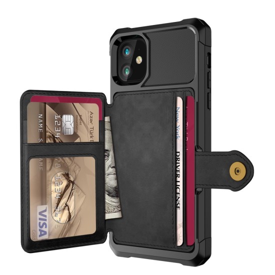 Leather Coated TPU Back Case with Card Holder Built-in Magnetic Sheet priekš Apple iPhone 12 mini - Melns - silikona aizmugures apvalks ar kabatiņu un iebūvētu magnētu / bampers-vāciņš