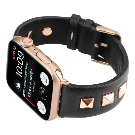 Genuine Leather Watchband with Rose Gold Fastener priekš Apple Watch 38 / 40 / 41 mm - Melns - dabīgās ādas siksniņa priekš pulksteņiem ar saspraudi