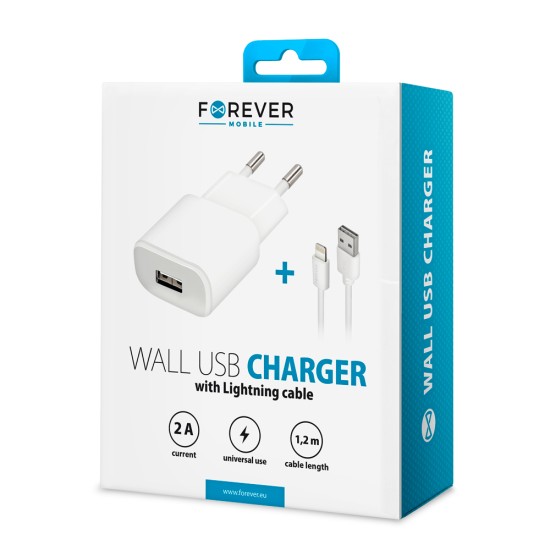Forever Wall Charger 2A with Lightning 8-pin Cable 1.2m - Balts - Tīkla lādētājs ar vadu