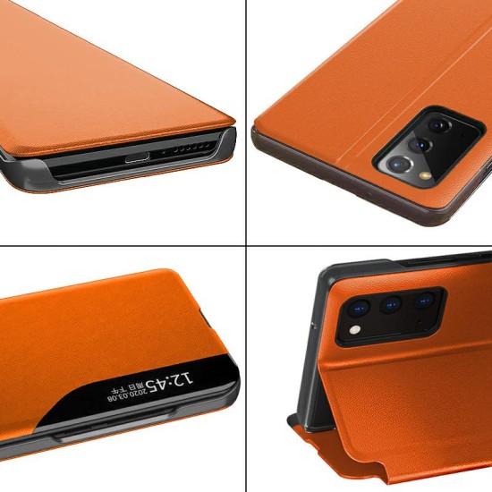 Smart View Window Wake / Sleep Book Case priekš Samsung Galaxy A12 A125 - Oranžs - sāniski atverams maciņš ar lodziņu / grāmatveida maks