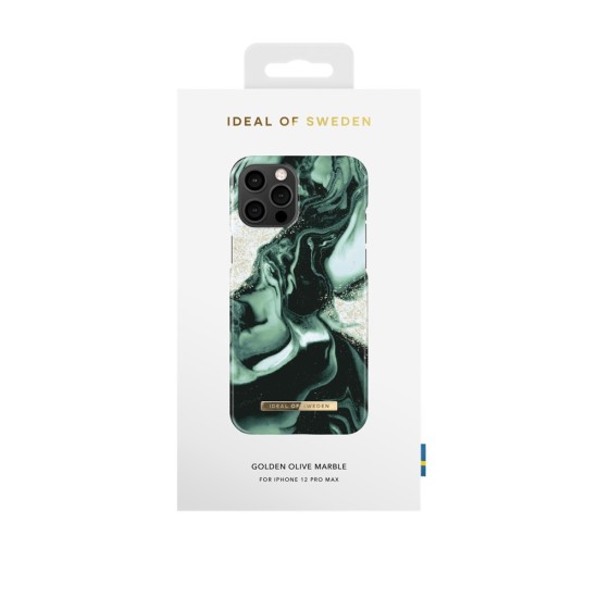 iDeal of Sweden Fashion AW21 Back Case priekš Apple iPhone 12 Pro Max - Golden Olive Marble - plastikāta aizmugures apvalks ar iebūvētu metālisku plāksni / bampers-vāciņš