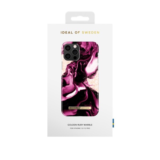 iDeal of Sweden Fashion AW21 Back Case priekš Apple iPhone 12 / 12 Pro - Golden Ruby Marble - plastikāta aizmugures apvalks ar iebūvētu metālisku plāksni / bampers-vāciņš