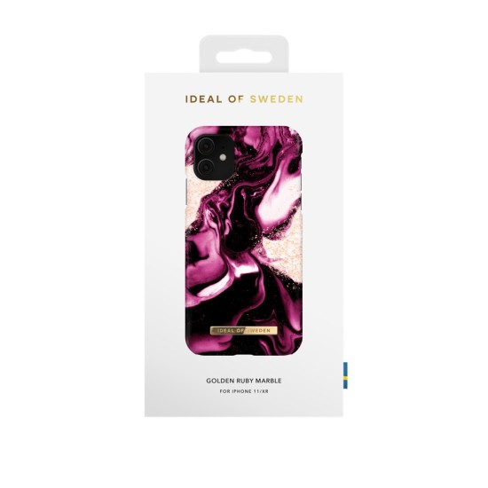 iDeal of Sweden Fashion AW21 Back Case priekš Apple iPhone 11 - Golden Ruby Marble - plastikāta aizmugures apvalks ar iebūvētu metālisku plāksni / bampers-vāciņš