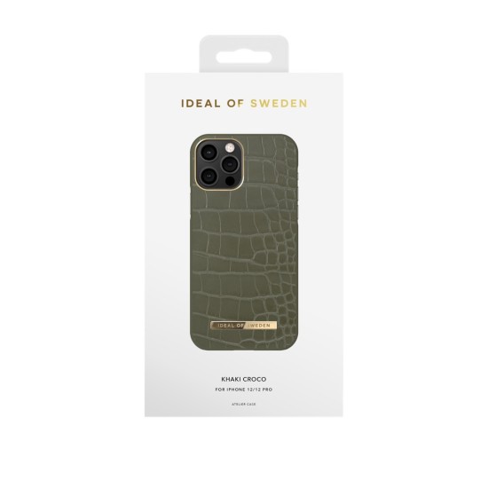 iDeal of Sweden Atelier AW21 Back Case priekš Apple iPhone 12 / 12 Pro - Khaki Croco - mākslīgās ādas aizmugures apvalks ar iebūvētu metālisku plāksni / bampers-vāciņš
