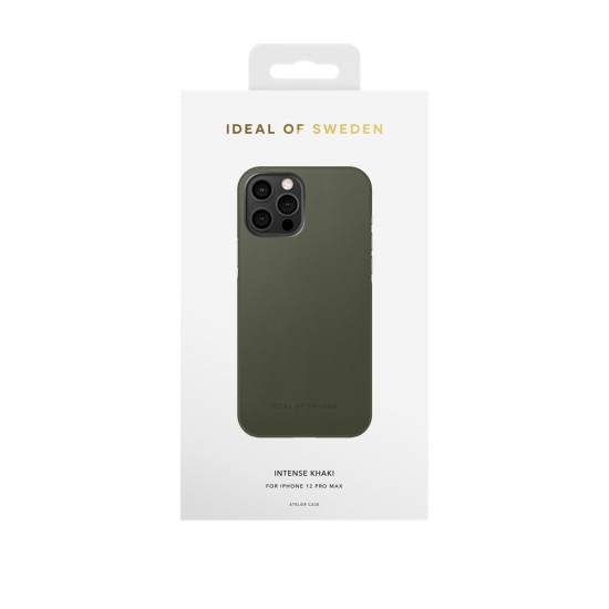 iDeal of Sweden Atelier AW21 Back Case priekš Apple iPhone 12 Pro Max - Intense Khaki - mākslīgās ādas aizmugures apvalks ar iebūvētu metālisku plāksni / bampers-vāciņš