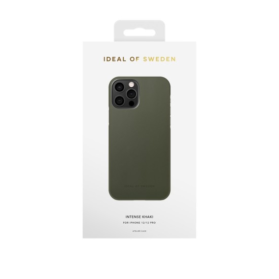 iDeal of Sweden Atelier AW21 Back Case priekš Apple iPhone 12 / 12 Pro - Intense Khaki - mākslīgās ādas aizmugures apvalks ar iebūvētu metālisku plāksni / bampers-vāciņš