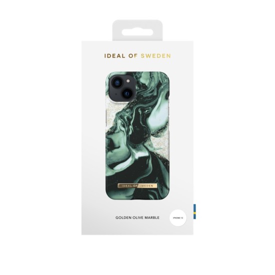iDeal of Sweden Fashion AW21 Back Case priekš Apple iPhone 13 - Golden Olive Marble - plastikāta aizmugures apvalks ar iebūvētu metālisku plāksni / bampers-vāciņš