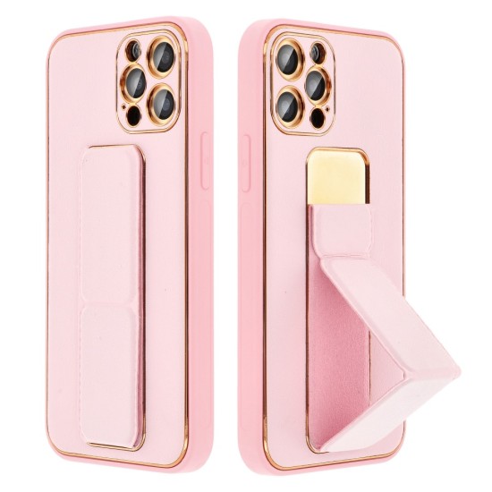 Forcell Leather Back Case with Kickstand priekš Apple iPhone 13 - Rozā - mākslīgās ādas aizmugures apvalks ar stendu / bampers-vāciņš