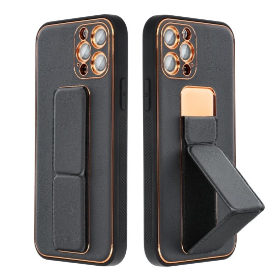 Forcell Leather Back Case with Kickstand priekš Apple iPhone 13 mini - Melns - mākslīgās ādas aizmugures apvalks ar stendu / bampers-vāciņš